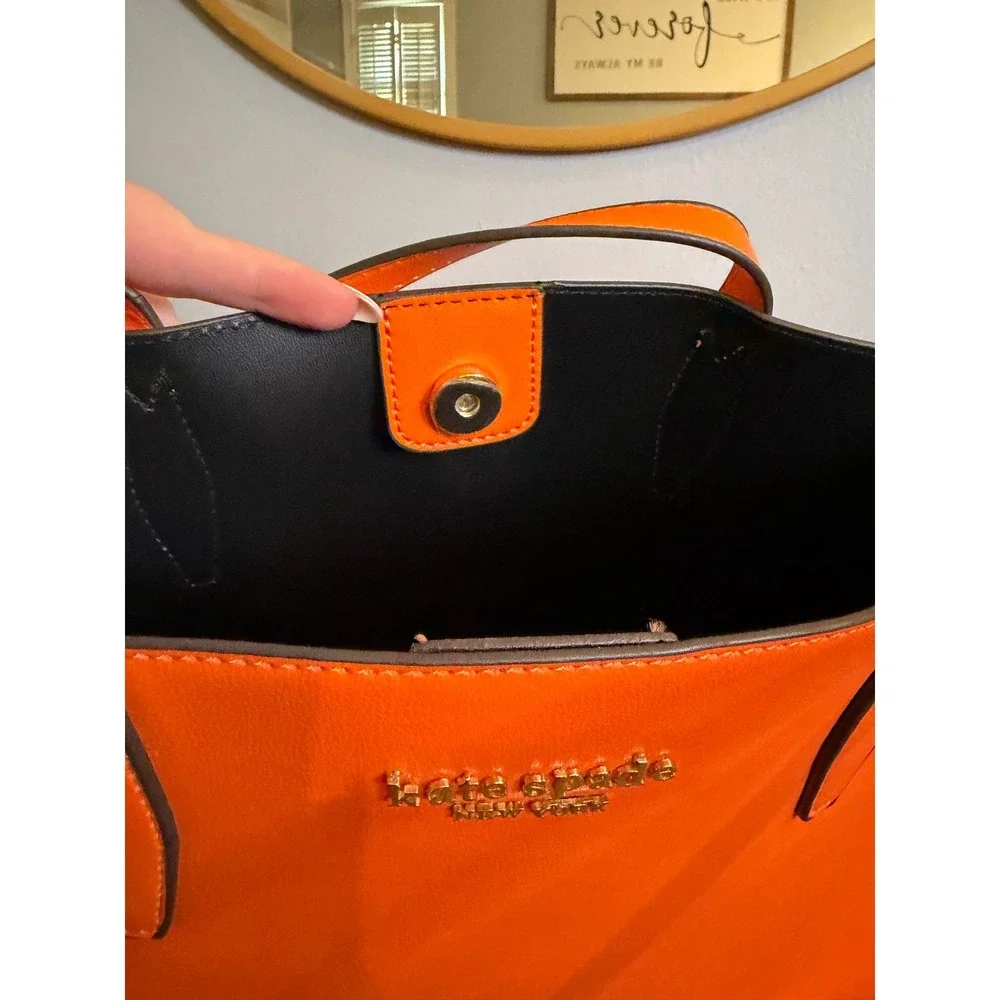 Kate Spade New York Orange Leather Tote Bag Shoulder Purse Gold Logo